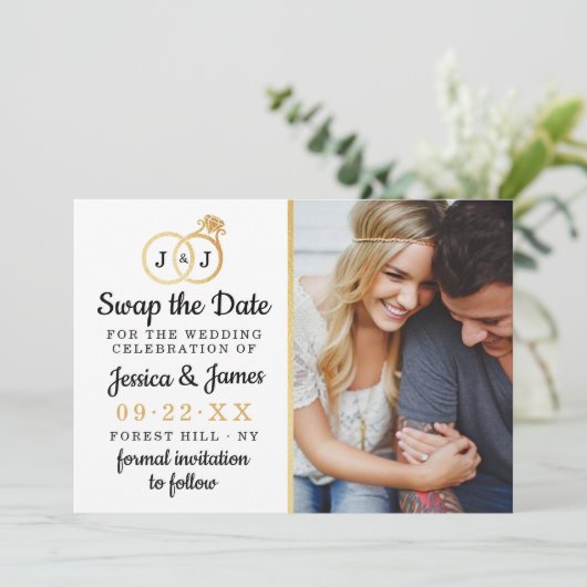 Chic Monogram Weddenrings sparen of ruilt de datum Save The Date (Staand voorkant)