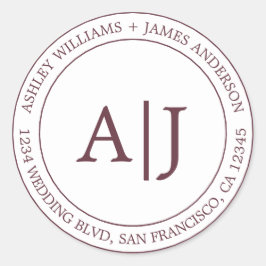 Chic Monogram Weddenschap Terugkeer Adres Bourgogn Ronde Sticker