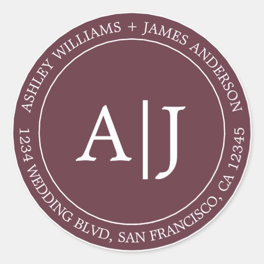 Chic Monogram Weddenschap Terugkeer Adres Bourgogn Ronde Sticker (Voorkant)