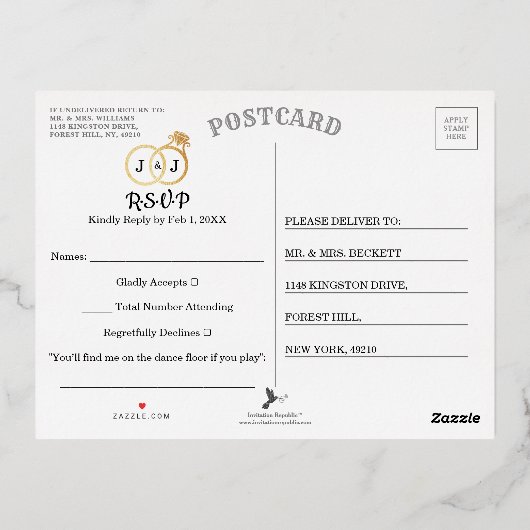 Chic Monogram Weddenschappen RSVP Real Folie Uitnodiging Briefkaart (Achterkant)