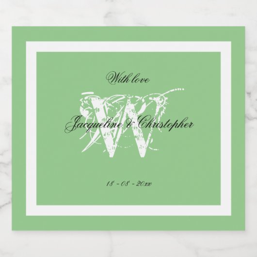 Chic Monogram Wedding Elegant Soft Mint Green Sparkling Wijnetiket (Enkel label)