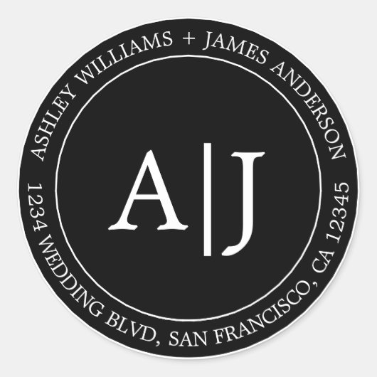 Chic Monogram Weduwingadres zwart Ronde Sticker (Voorkant)