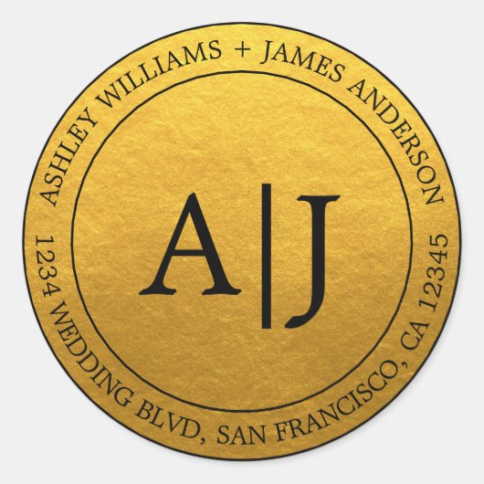Chic Monogram Weduwkeeradres Gold Ronde Sticker (Voorkant)