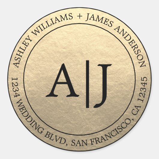 Chic Monogram Weduwkeeradres Gold Ronde Sticker (Voorkant)