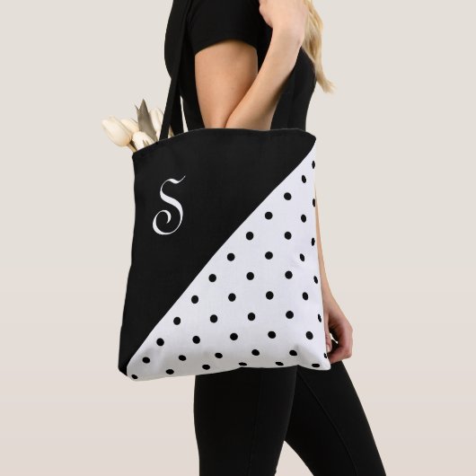 Chic Monogram Zwart Wit Polka Dot Geometrisch Tote Bag (Dichtbij)