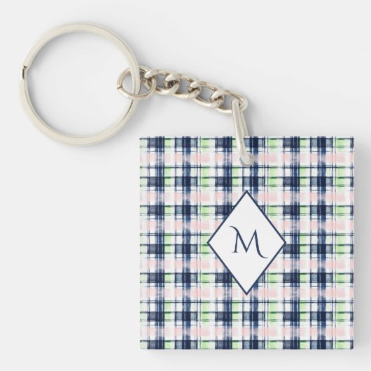 Chic Monogrammed Navy Blauw Roze Preppy Plaid Sleutelhanger (Voorkant)