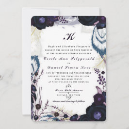 Chic Monogrammed Paarse Floral Winter Wedding Kaart