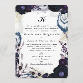 Chic Monogrammed Paarse Floral Winter Wedding Kaart