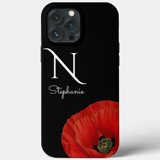 Chic Monogrammed Red Poppy on Black Case-Mate iPhone Case (Achterkant)