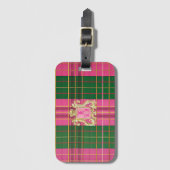 Chic Monogrammed Roze en Groen Plaid Bagagelabel (Voorkant (verticaal))