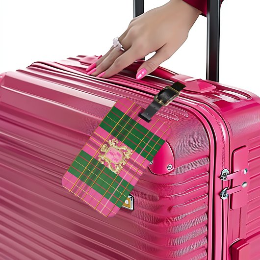 Chic Monogrammed Roze en Groen Plaid Bagagelabel