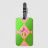 Chic Monogrammed Roze en Groene Argyle Bagagelabel (Voorkant (verticaal))