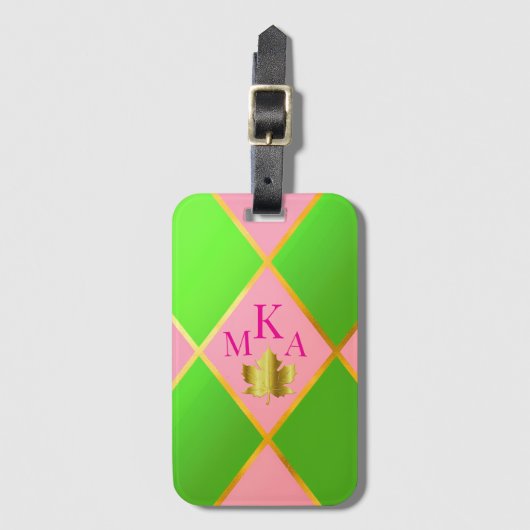 Chic Monogrammed Roze en Groene Argyle Bagagelabel (Voorkant (verticaal))