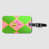 Chic Monogrammed Roze en Groene Argyle Bagagelabel (Voorkant (horizontaal))