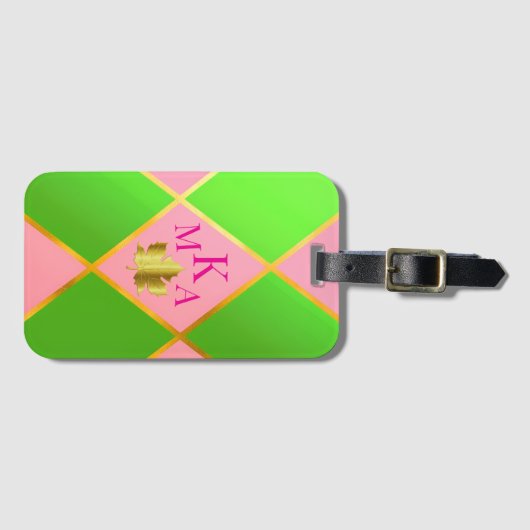 Chic Monogrammed Roze en Groene Argyle Bagagelabel (Voorkant (horizontaal))