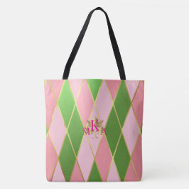 Chic Monogrammed Roze en Groene Argyle Tote Bag