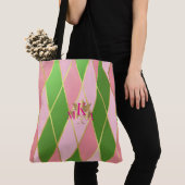 Chic Monogrammed Roze en Groene Argyle Tote Bag (Dichtbij)