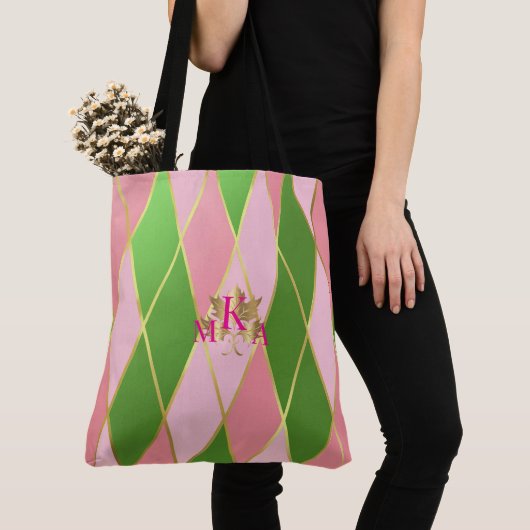 Chic Monogrammed Roze en Groene Argyle Tote Bag (Dichtbij)