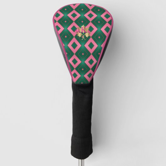 Chic Monogrammed Roze en Groene Diamant Motief Golfheadcover (Voorkant)