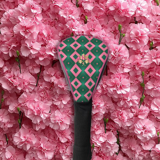Chic Monogrammed Roze en Groene Diamant Motief Golfheadcover