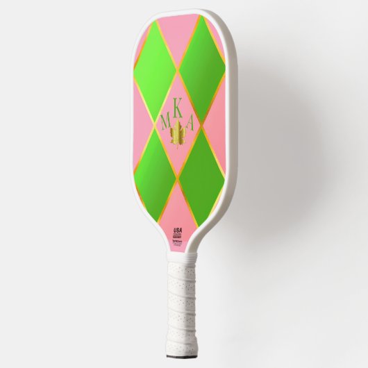 Chic Monogrammed Roze & Groene Argyle Pickleball Paddle (Links)