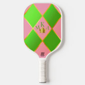 Chic Monogrammed Roze & Groene Argyle Pickleball Paddle (Voorkant)