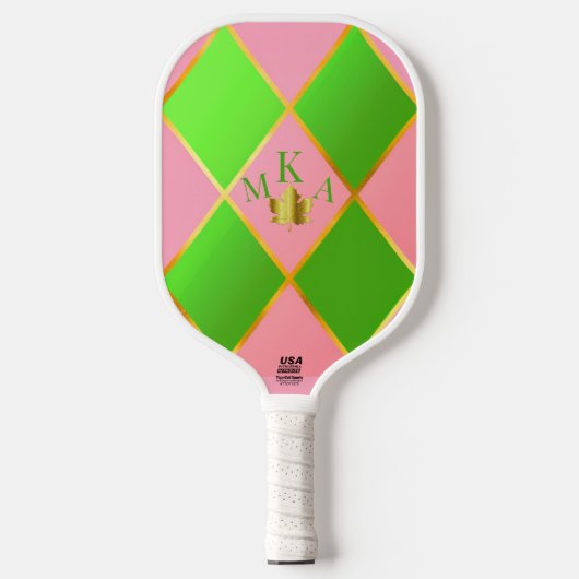 Chic Monogrammed Roze & Groene Argyle Pickleball Paddle (Voorkant)