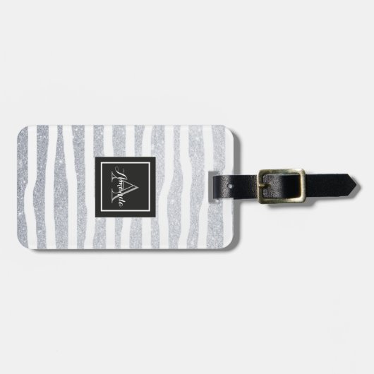 Chic monogrammed zilverglitterend bagagelabel (Voorkant horizontaal)