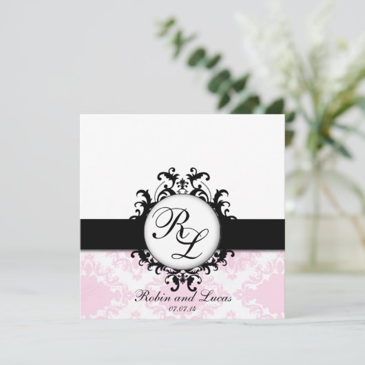 Chic Monogrammen Wedding Noite White Pink Damask Kaart (Staand voorkant)