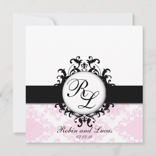 Chic Monogrammen Wedding Noite White Pink Damask Kaart (Voorkant)
