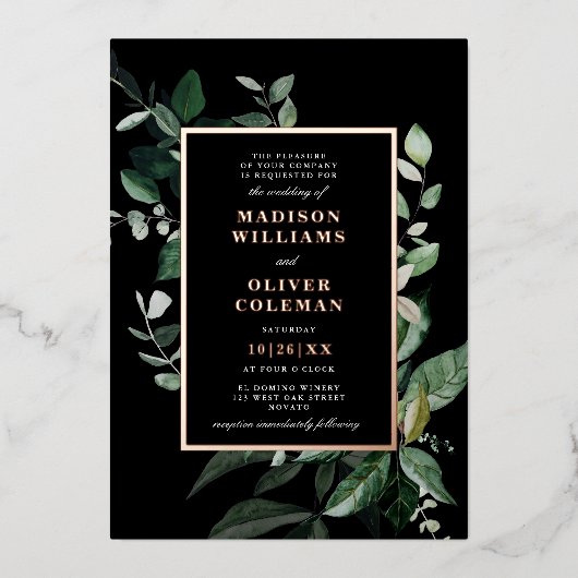 Chic Moody Botanical Lijst Wedding REAL Folie Uitnodiging (Voorkant)