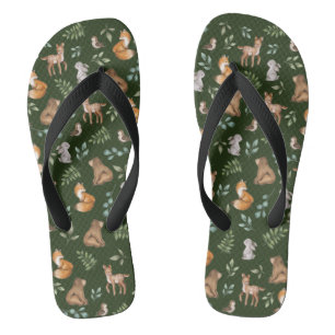 Chic Moody Green Woodland Forest Animals Beer Deer Teenslippers