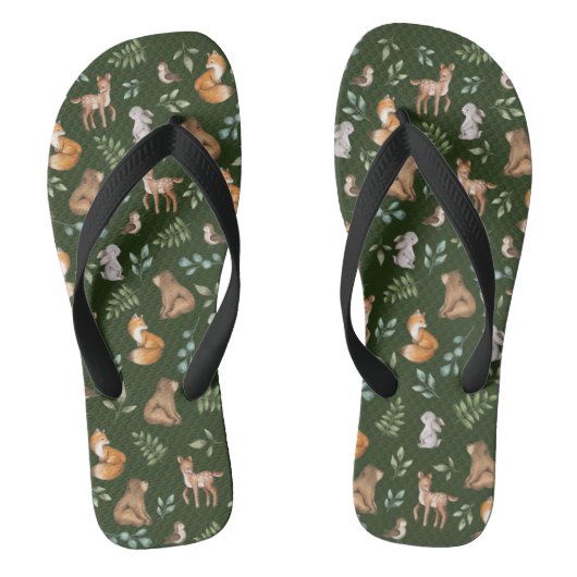 Chic Moody Green Woodland Forest Animals Beer Deer Teenslippers (Voetbed)