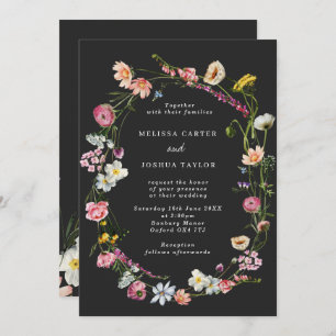 Chic Moody Wild Flowers Wreath Wedding Kaart