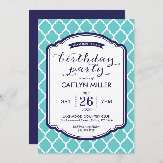 Chic Moroccan Birthday Party Invitation Kaart (Voorkant / Achterkant)