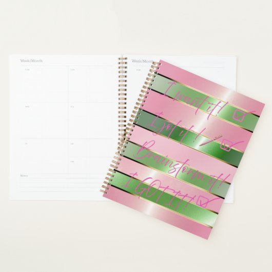 Chic Motivational Striped Pink and Green Quote Planner (Display)