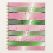 Chic Motivational Striped Pink and Green Quote  Planner (Voorkant)