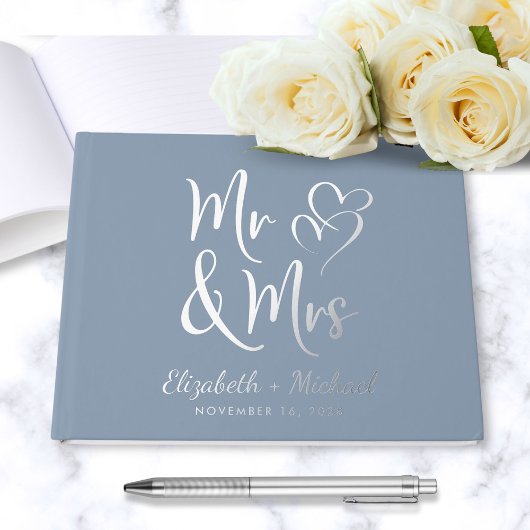 Chic Mr. Mrs. Photo Dusty Blue Wedding Silver Gastenboek