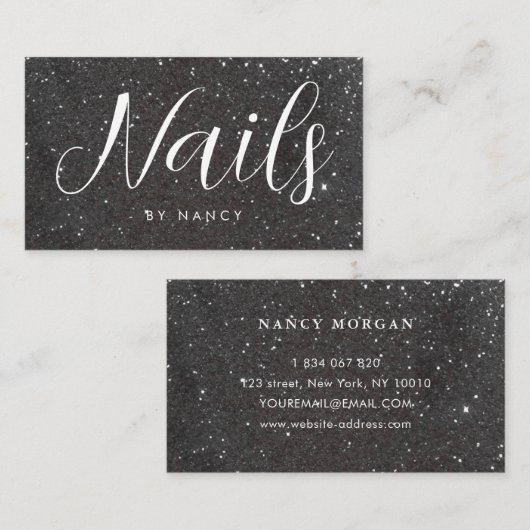 Chic Nails Typografie Black Glitter Visitekaartje (Voorkant / Achterkant)