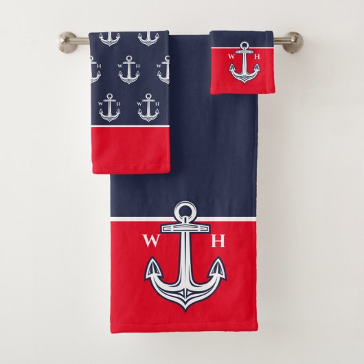Chic Nautical Anchor Bathroom Red White Navy Blue Bad Handdoek (Insitu)