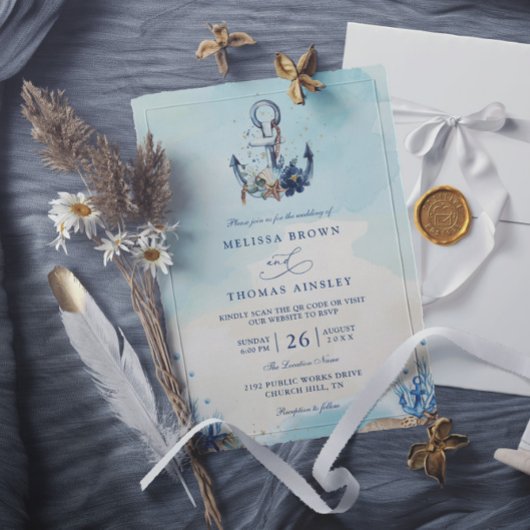 Chic Nautical Anchor Beach Modern QR Code Wedding  Kaart