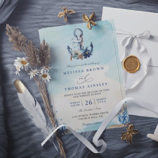 Chic Nautical Anchor Beach Modern QR Code Wedding Kaart