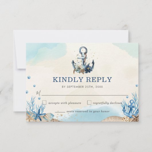 Chic Nautical Anchor Beach Modern Wedding RSVP Kaartje (Voorkant)