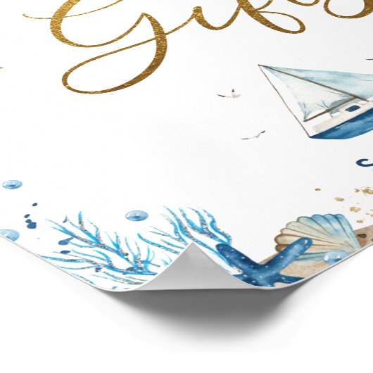 Chic Nautical Baby shower Blue Gold Kaarten & cade Poster (Hoek)