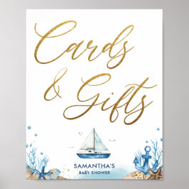 Chic Nautical Baby shower Blue Gold Kaarten & cade Poster