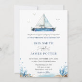 Chic Nautical Blue Boat Beach Modern Wedding Kaart (Voorkant)