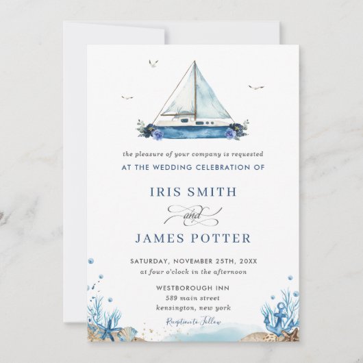Chic Nautical Blue Boat Beach Modern Wedding Kaart (Voorkant)