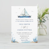 Chic Nautical Blue Boat Beach Modern Wedding Kaart (Staand voorkant)