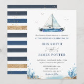 Chic Nautical Blue Boat Beach Modern Wedding Kaart (Voorkant / Achterkant)
