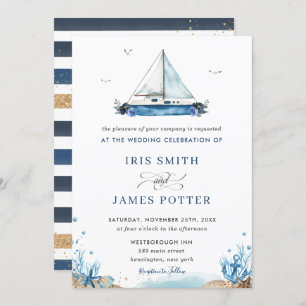 Chic Nautical Blue Boat Beach Modern Wedding Kaart